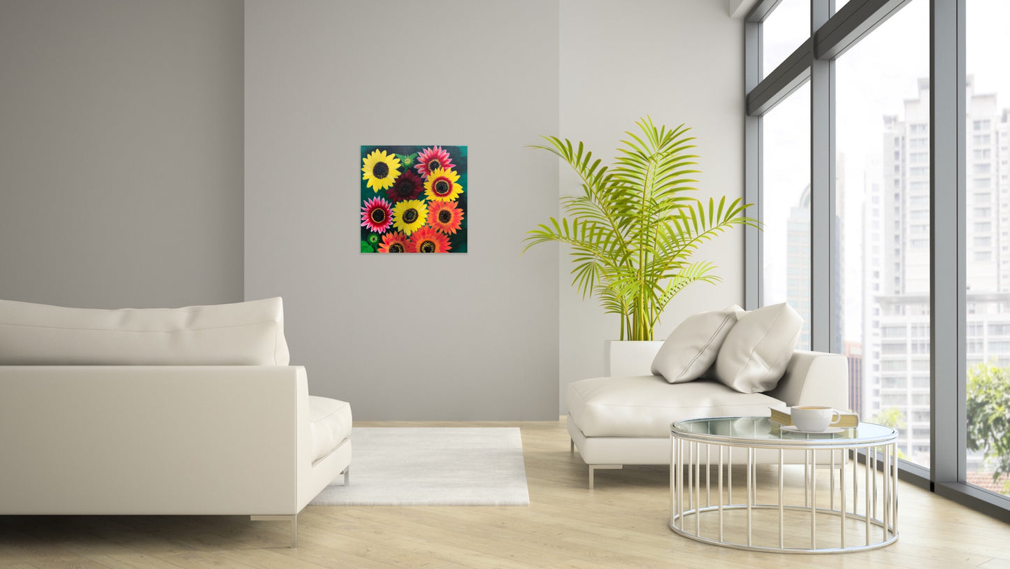 Red Sunflowers Original Acrylic Painting 12” x 12”